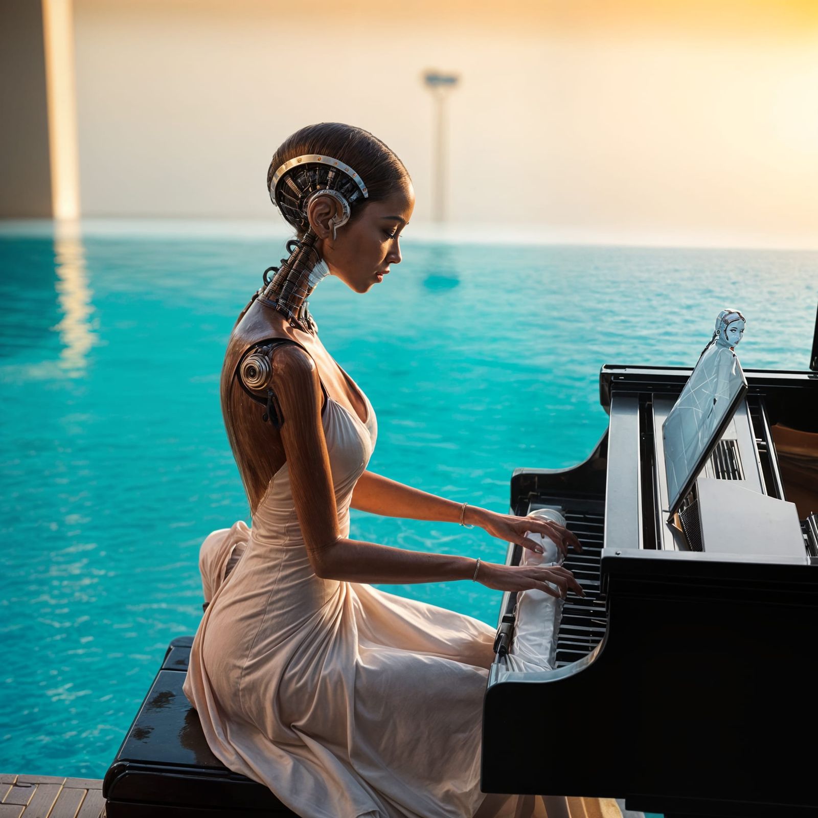 Female Robot Plays Jazz Piano by Pool