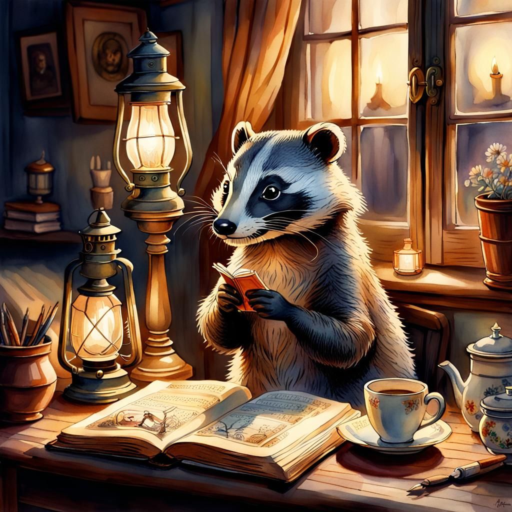 Badger Reading by Lamplight in Watercolor Style