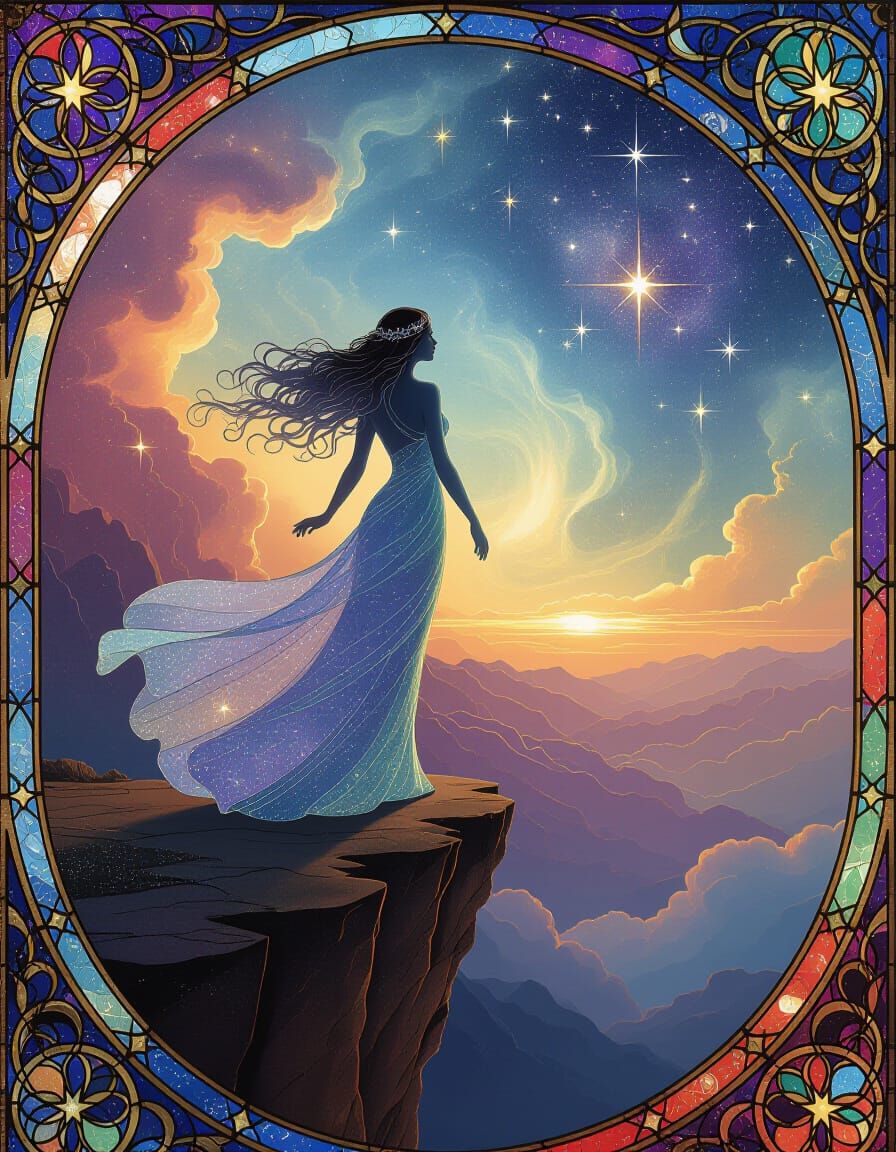 Ethereal Cosmic Woman on Nebula Precipice in Stained Glass S...