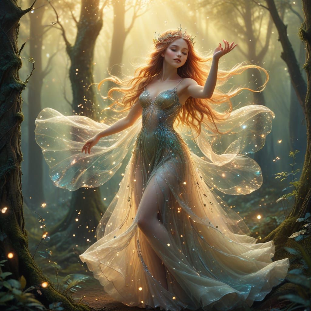 Forest Nymph Princess Dancing in Oil Painting
