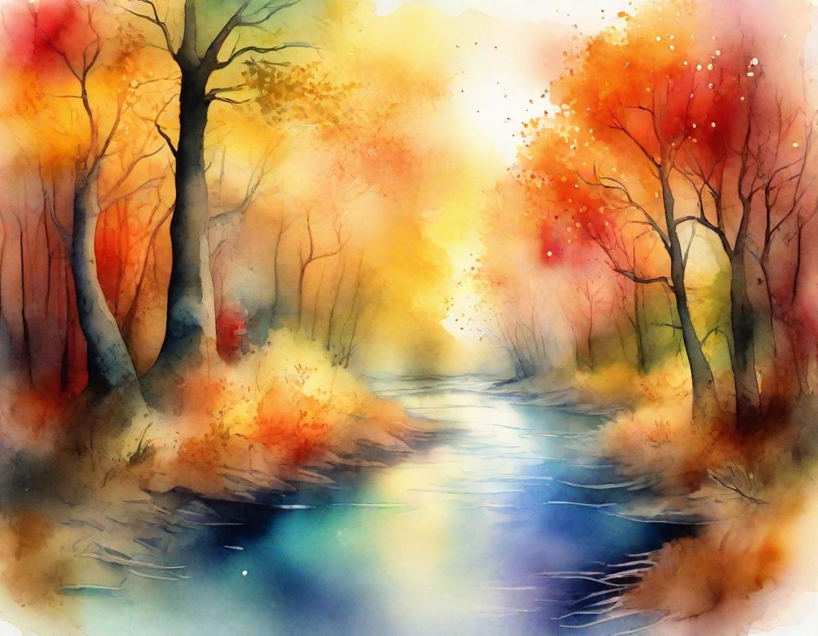 Autumn Forest River in Watercolor and Ink