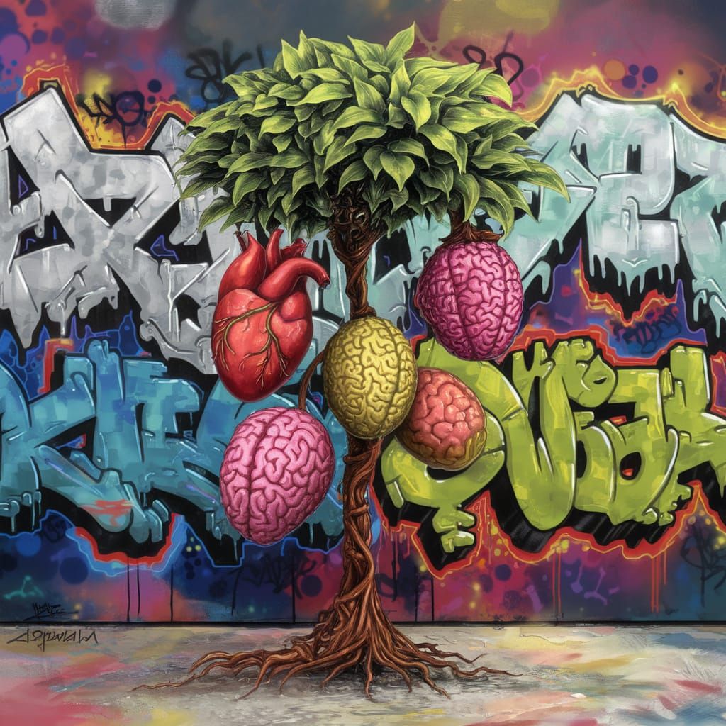 Vibrant Graffiti Alley with Surreal Organ Fruit Tree