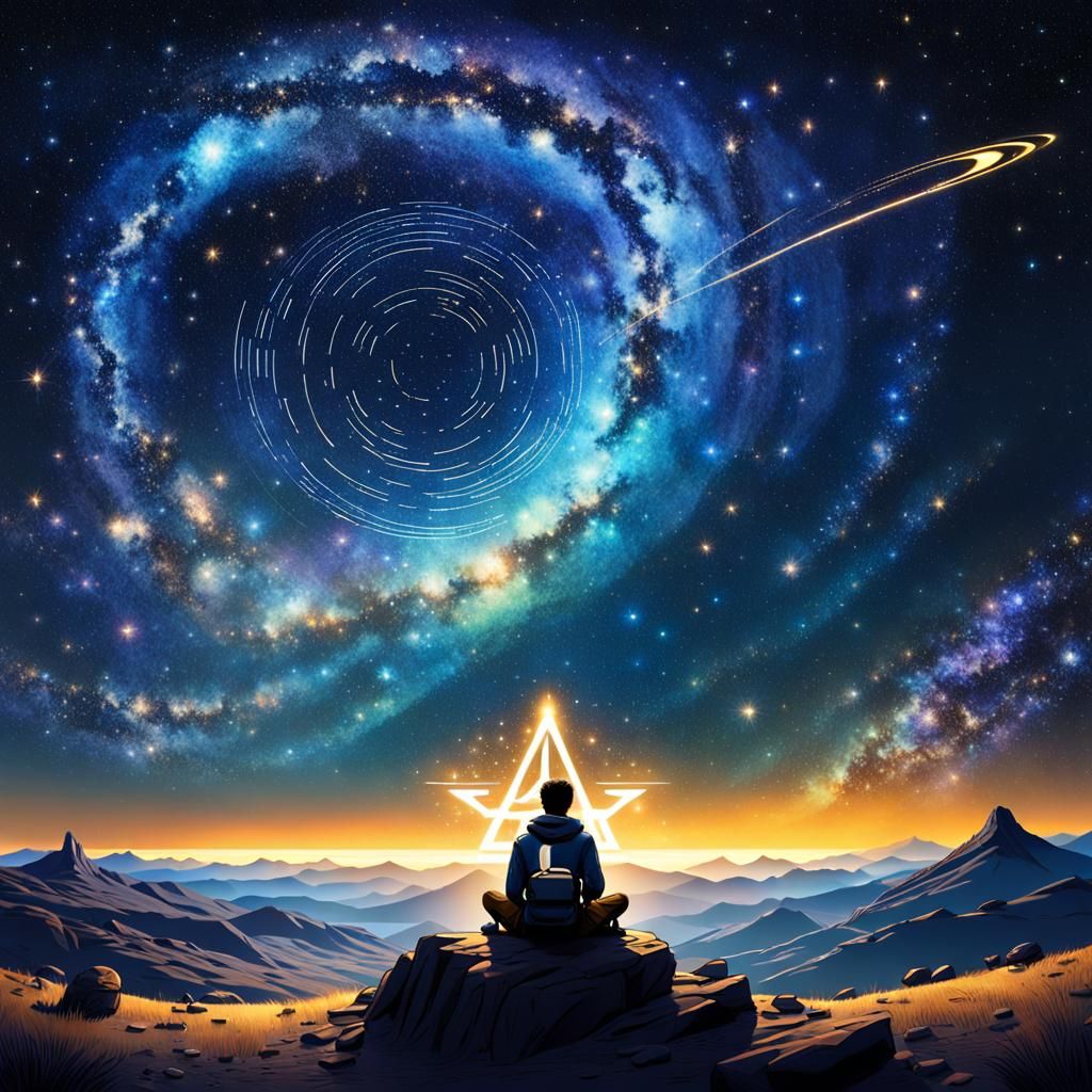 A (((person))) sitting confidently on the ground, facing a (((vast, starry night sky))), surrounded by an array of (((ad...