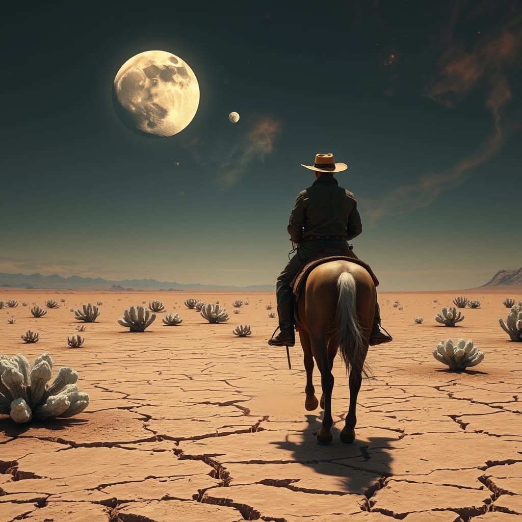 Cowboy on Alien Desert Under Two Moons
