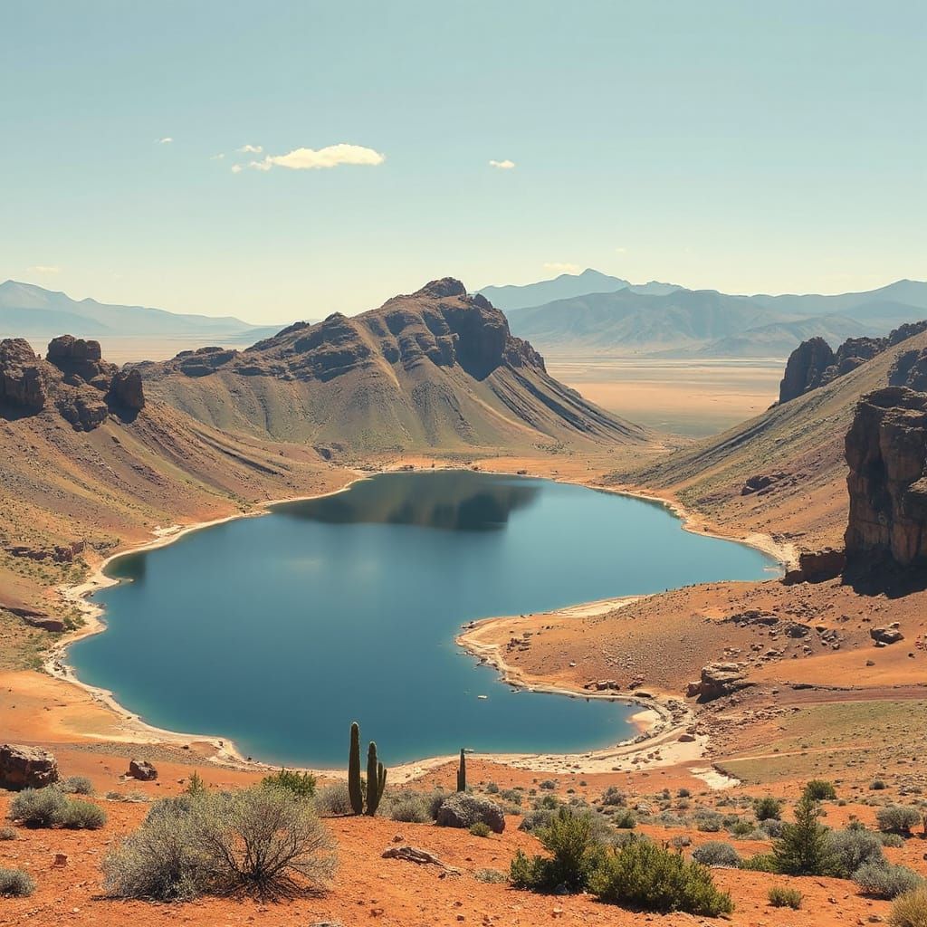 Serene Desert Lake with Rocky Outcrops