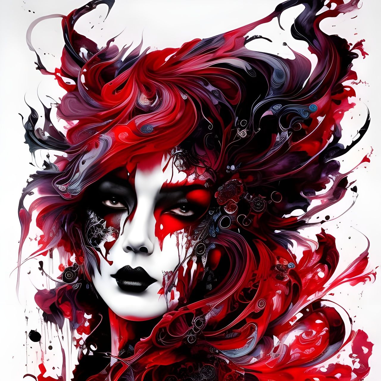 Grim Reaper Portrait in Red, Fluid Gouache Illustration