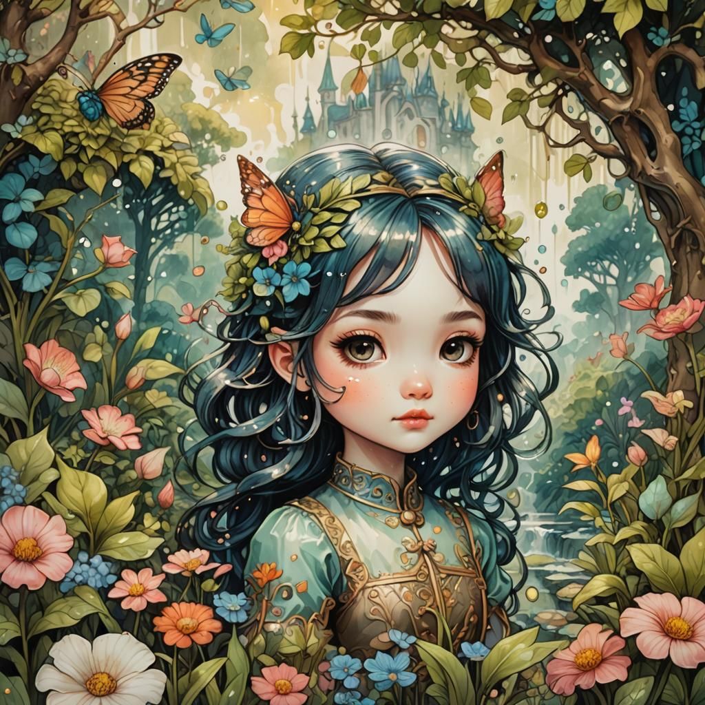 Chibi Girl in Enchanting Garden: Whimsical Illustration