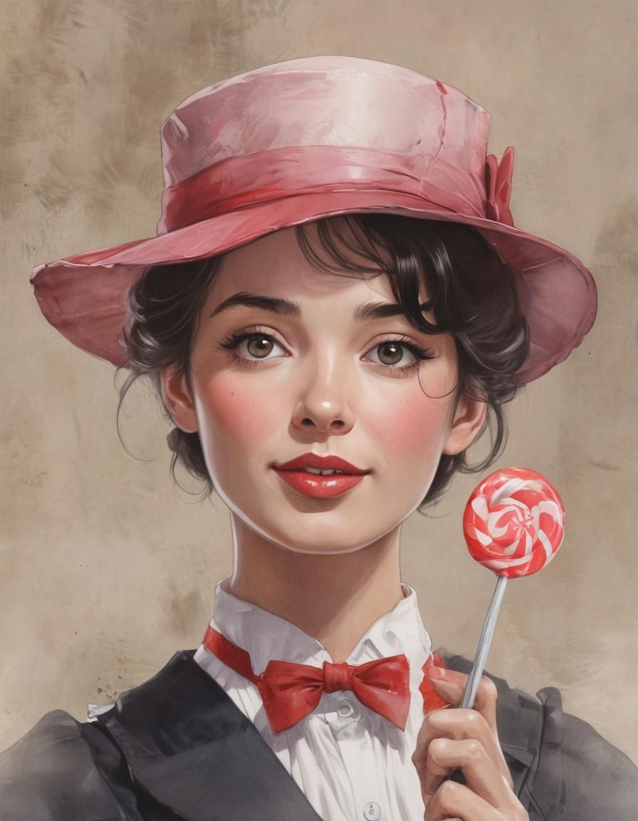 Mary Poppins Mugshot in Manga Style with Lollipop