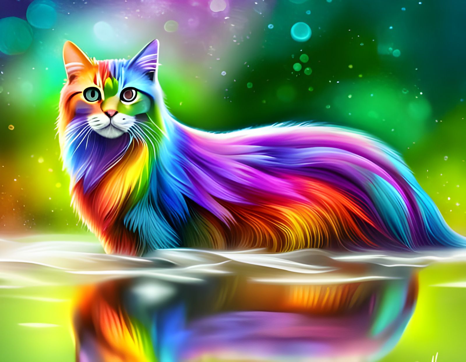 A rainbow cat with reflection.