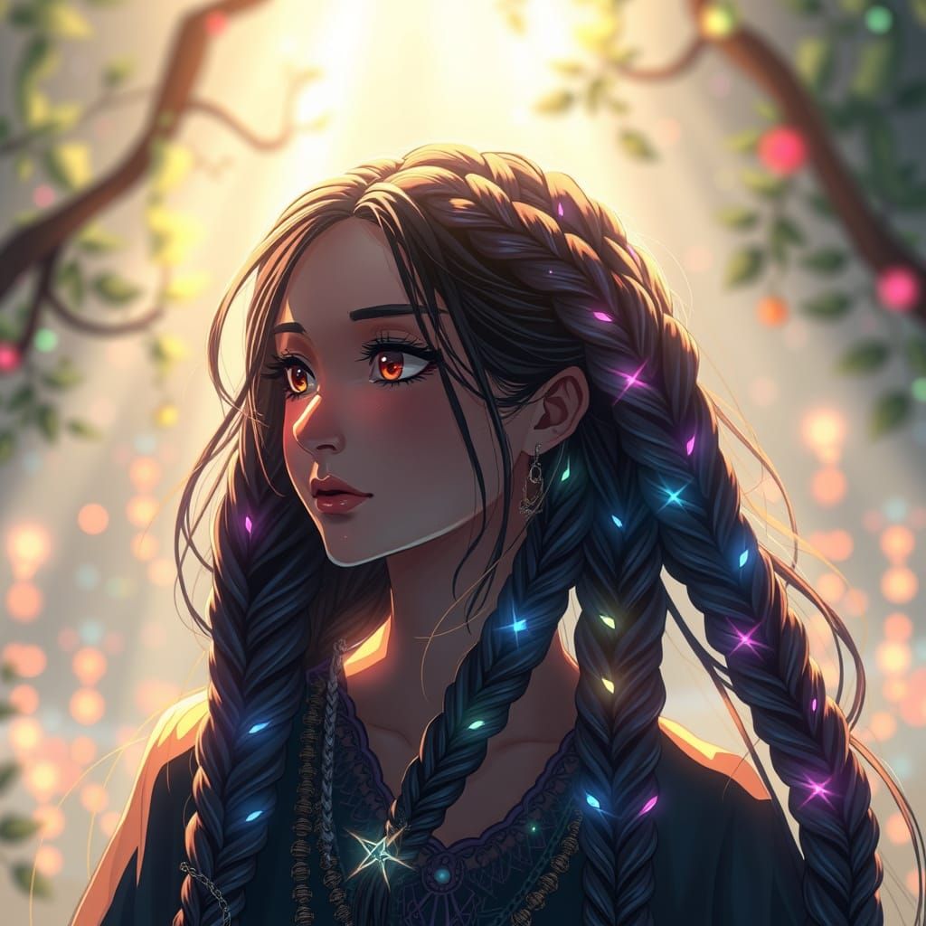Ghibli-Inspired Braids with Glowing Lights, Anime Style
