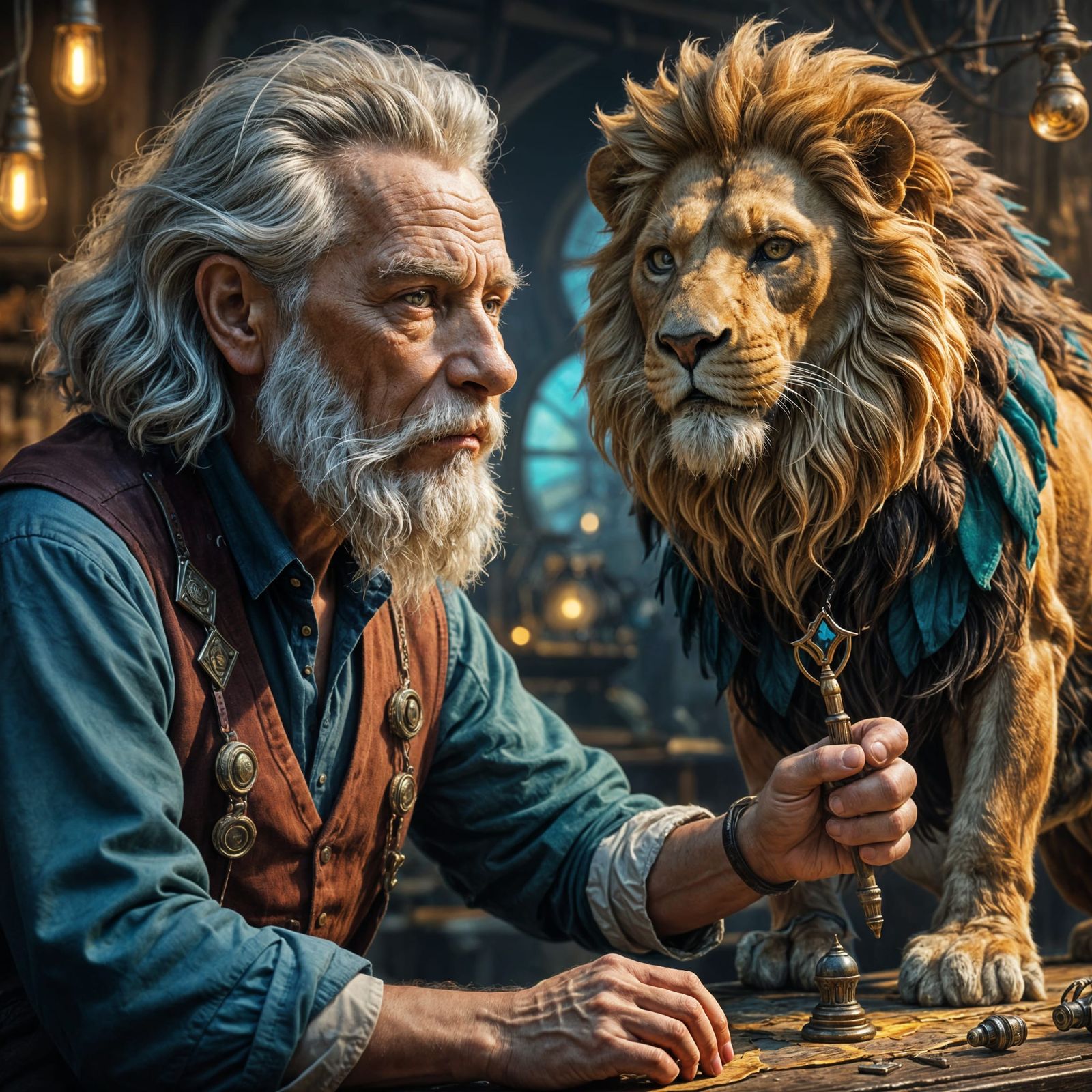 Fantasy Inventor with Magical Lion: Hyperrealistic Art