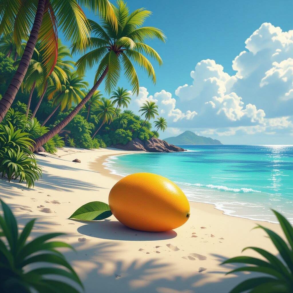 Vibrant Mango on Lush Island Beach in Matte Painting Style
