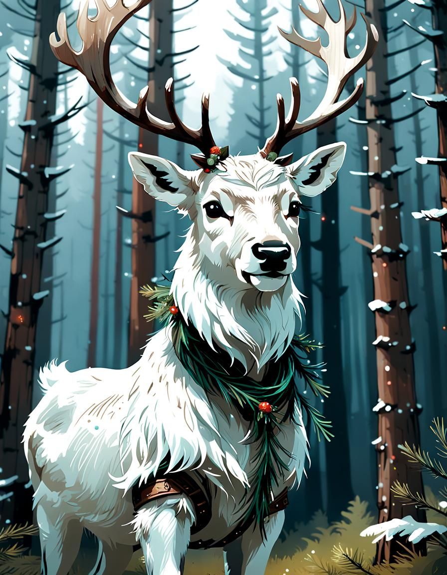 Whimsical White Reindeer in Pine Outfit, Digital Painting St...