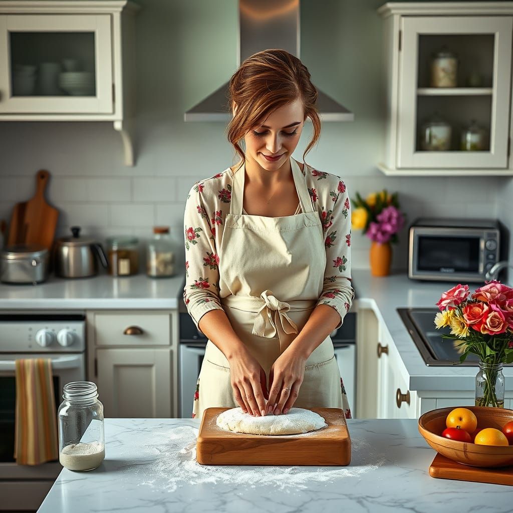 Woman Kneading Dough in Modern Kitchen, Photorealistic Style