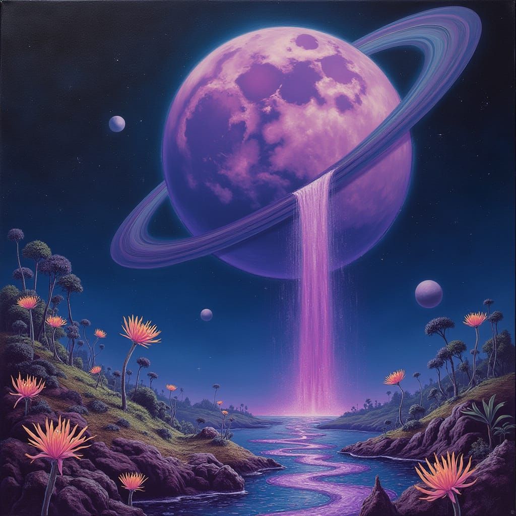 Purple Moon Waterfall on Alien Planet with Exotic Flowers