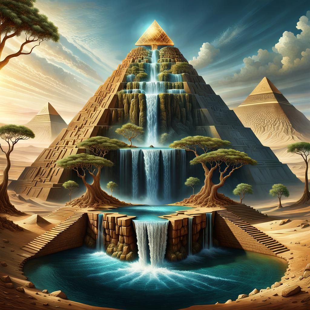 Surreal Pyramid Waterfall Landscape in 3D