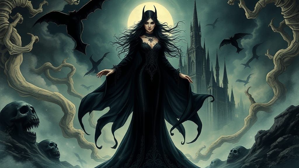 Dark Sorceress in Art Deco Style with Fantasy Castle