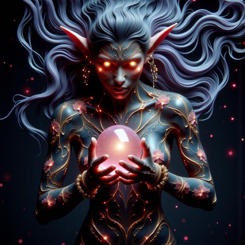 Muscular Tiefling with Crystal Ball in Cosmic Setting