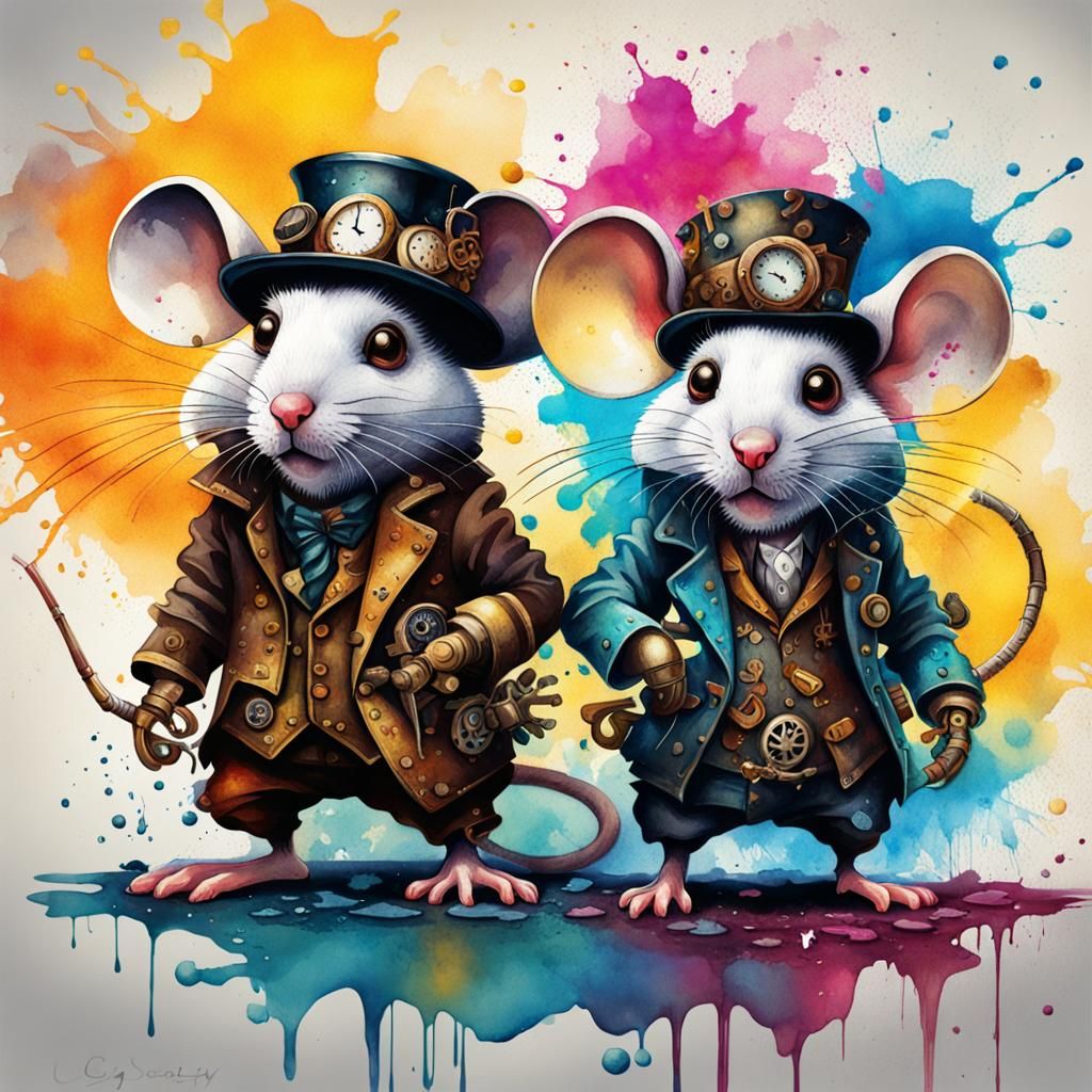 Steampunk Mice Disintegrating: A Digital Watercolor Illustra...