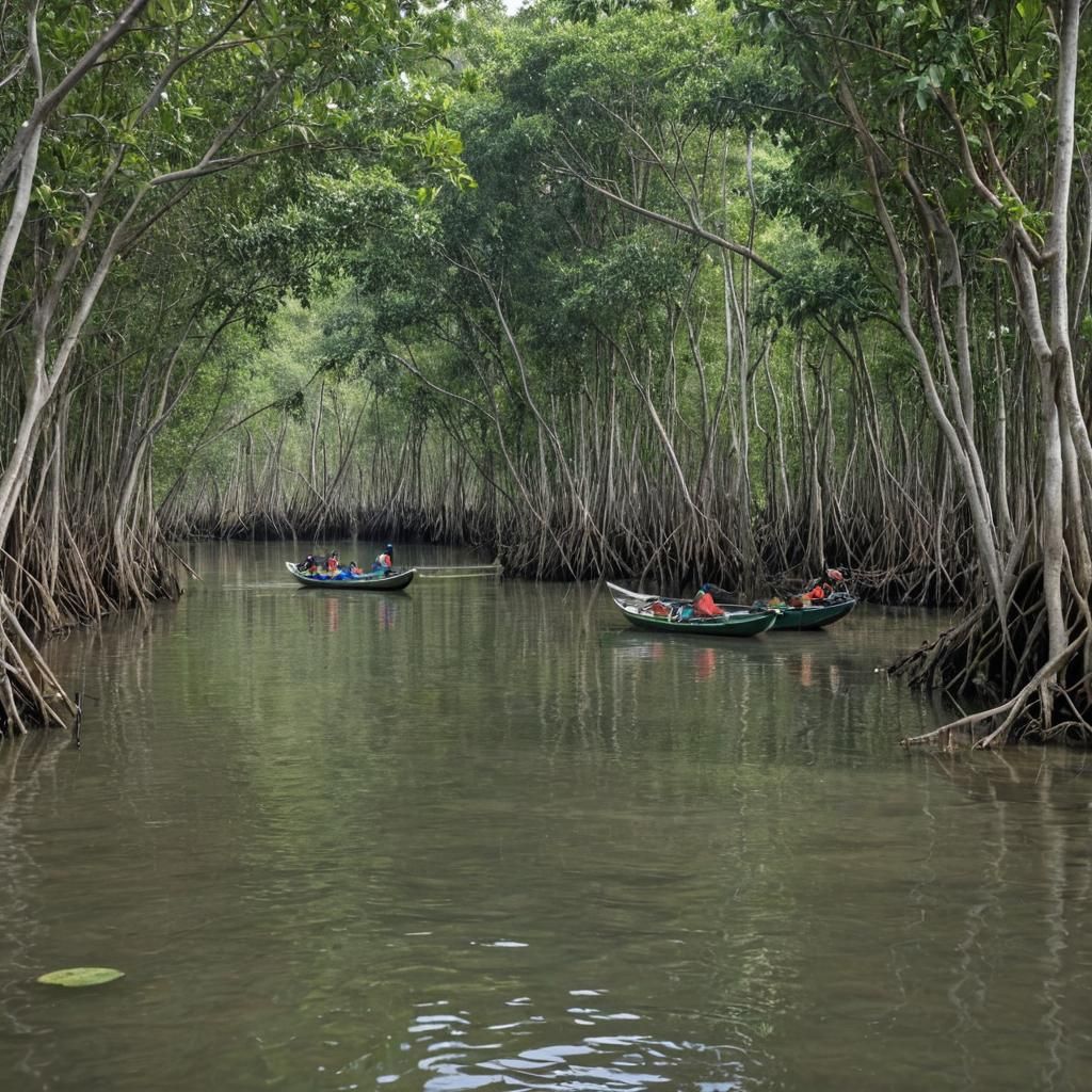 Mangrove River Scene with Traditional Boats