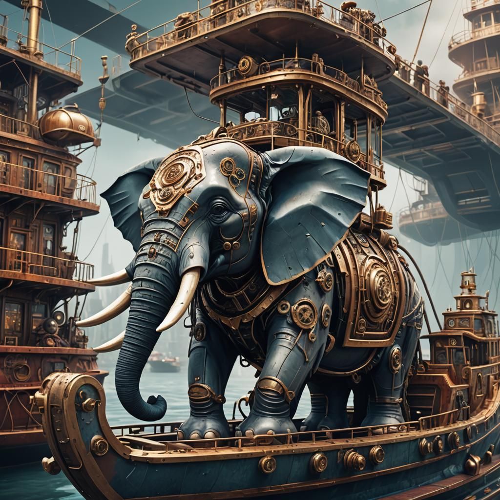 Steampunk Elephant Boat Concept Art in 8K