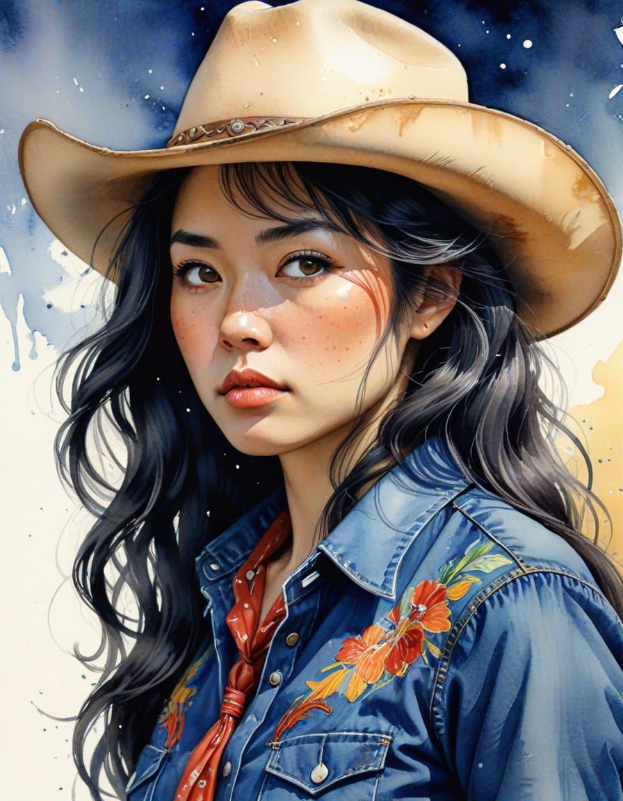 Japanese Cowgirl Portrait in Norman Rockwell Watercolor Styl...
