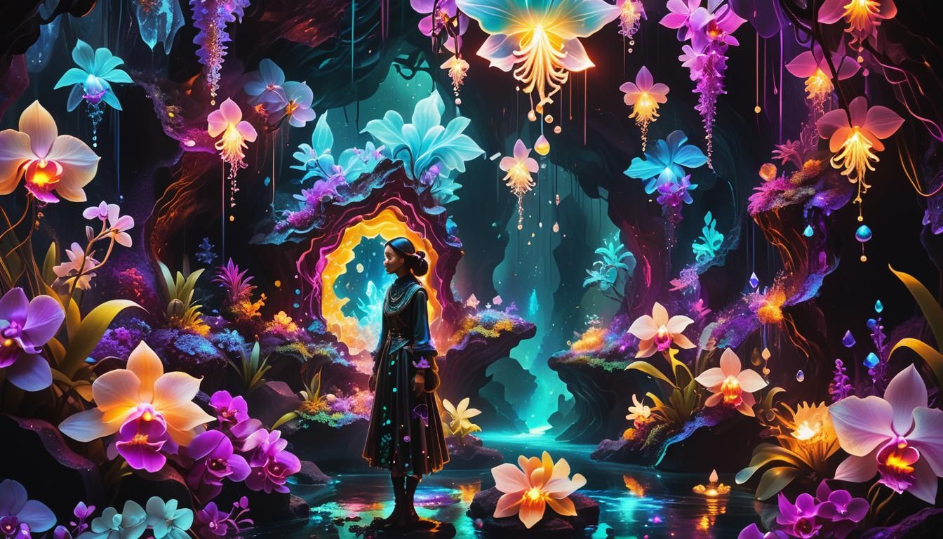 Crystal Cavern: Bioluminescent Iridescent 3D Digital Art