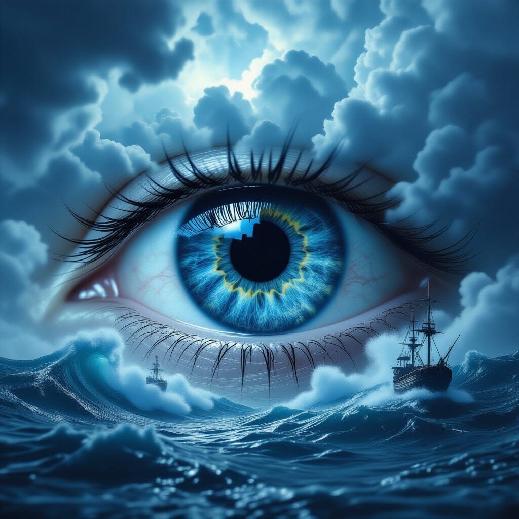 Macro Eye Pupil with Thunderclouds, Cinematic Style