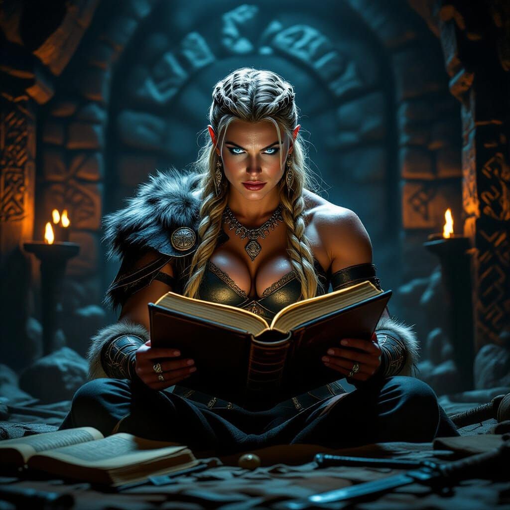 Viking Queen Reading by Torchlight