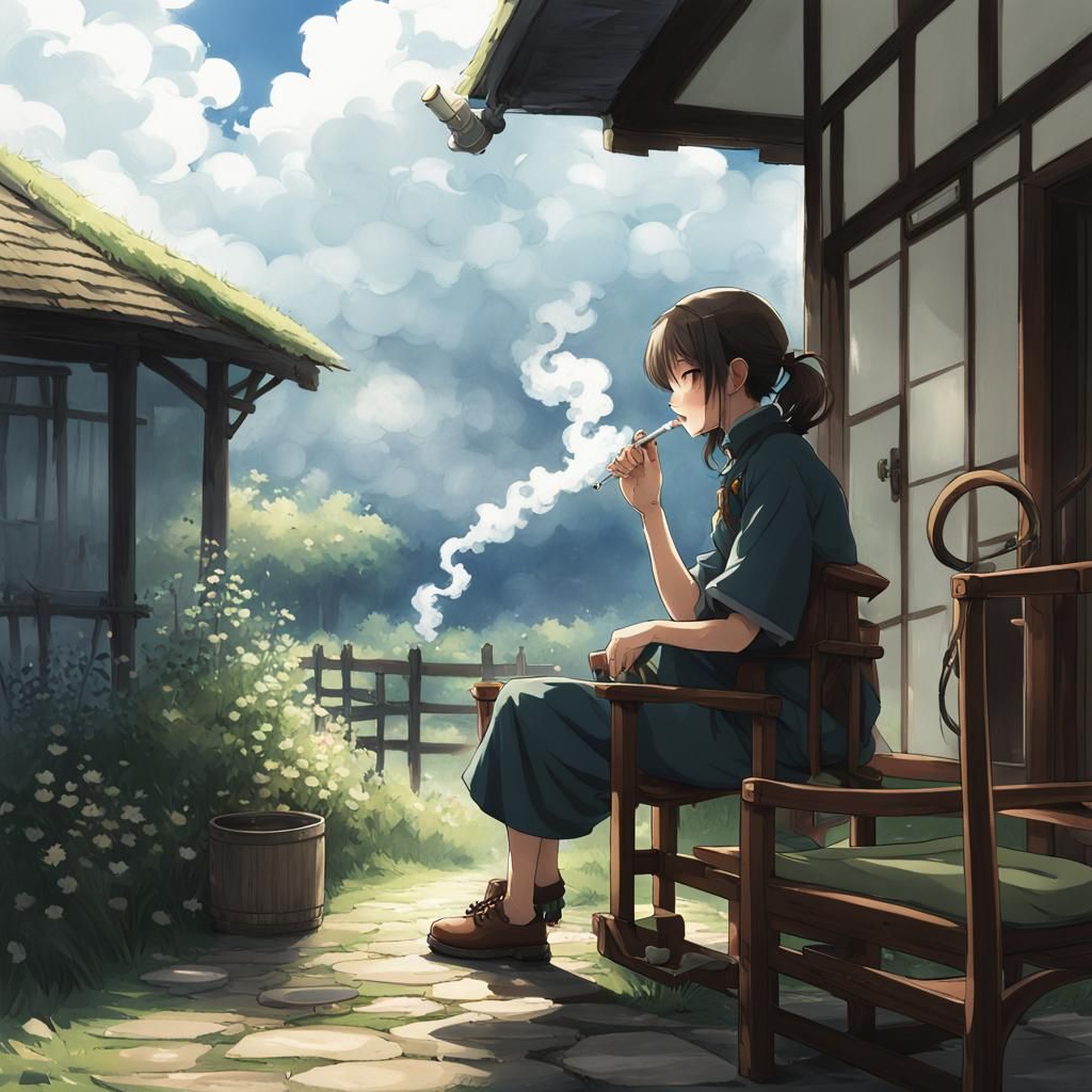 Anime Style Woman Smoking Outside Cottage