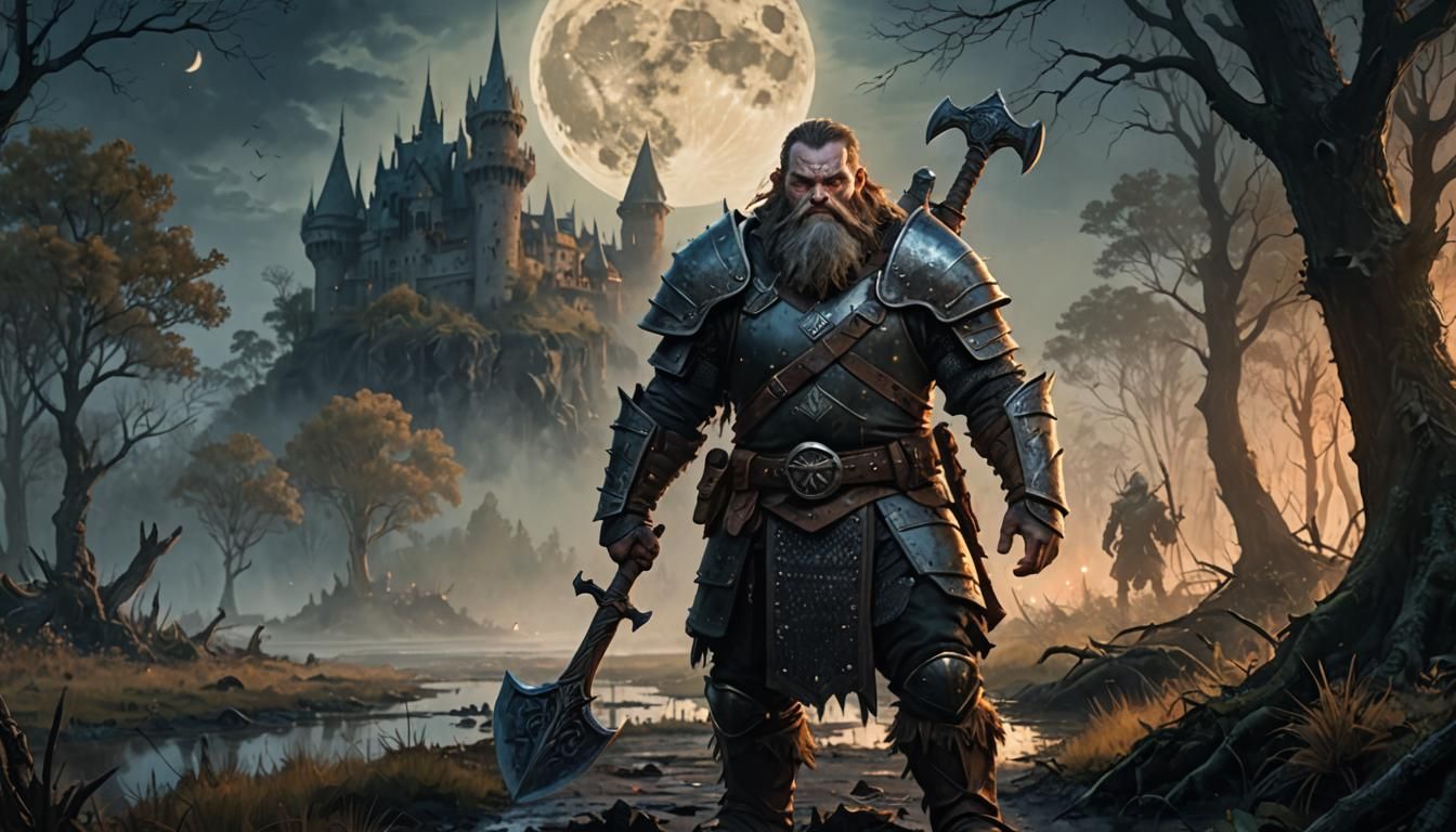 Dwarf Warrior on Misty Road in Hyperrealistic Style