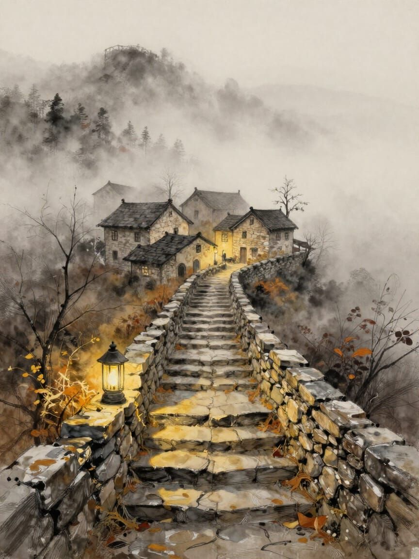 Foggy Steps Lead to a Magical Village in Autumn Palette