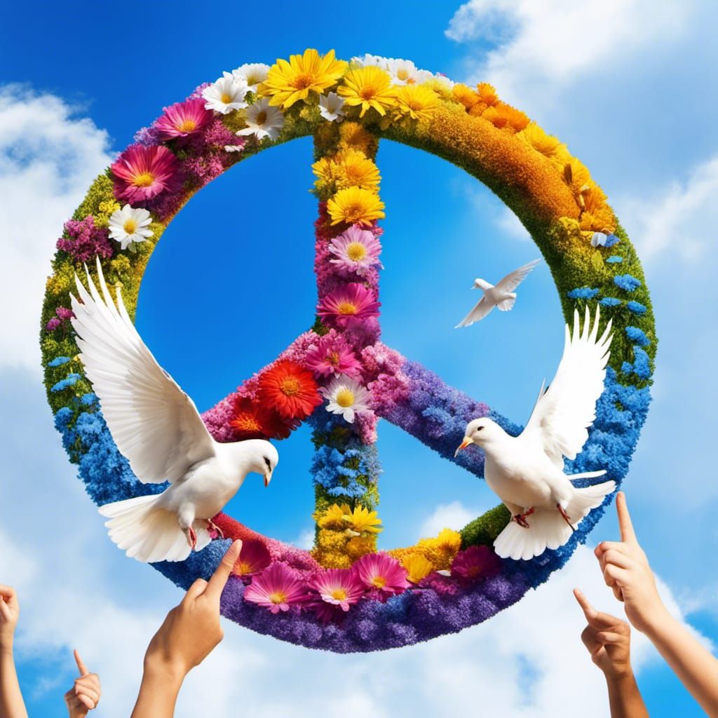 Doves Form Peace Sign with Rainbow Sky