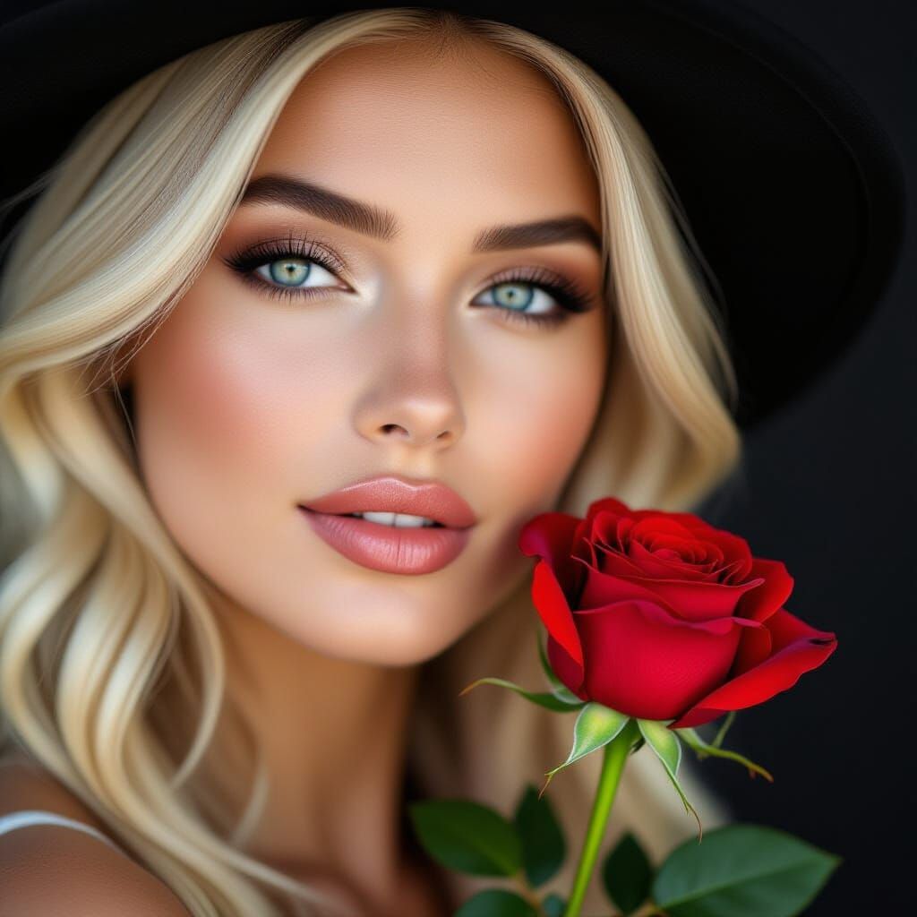 Young Woman with Rose on Black Background