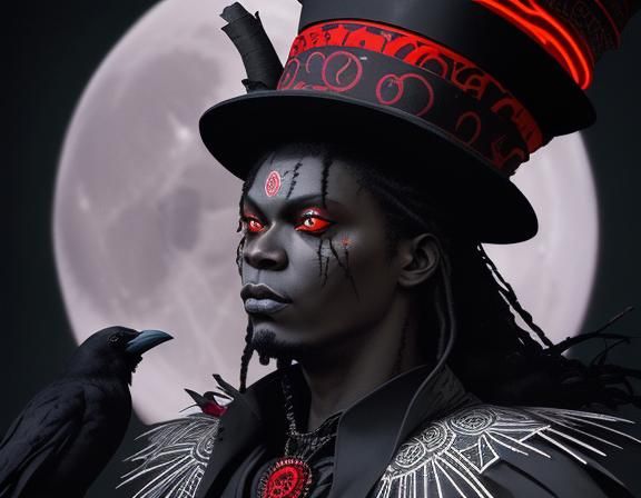 Neon Red Voodoo Priest in Dark Forest