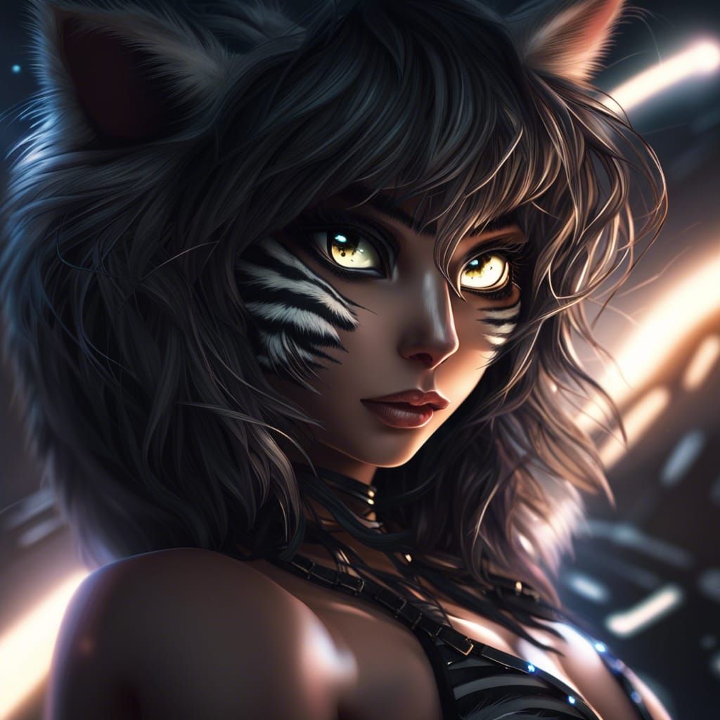 Sensual Catgirl Tiger in Space: Hyperrealistic Digital Art