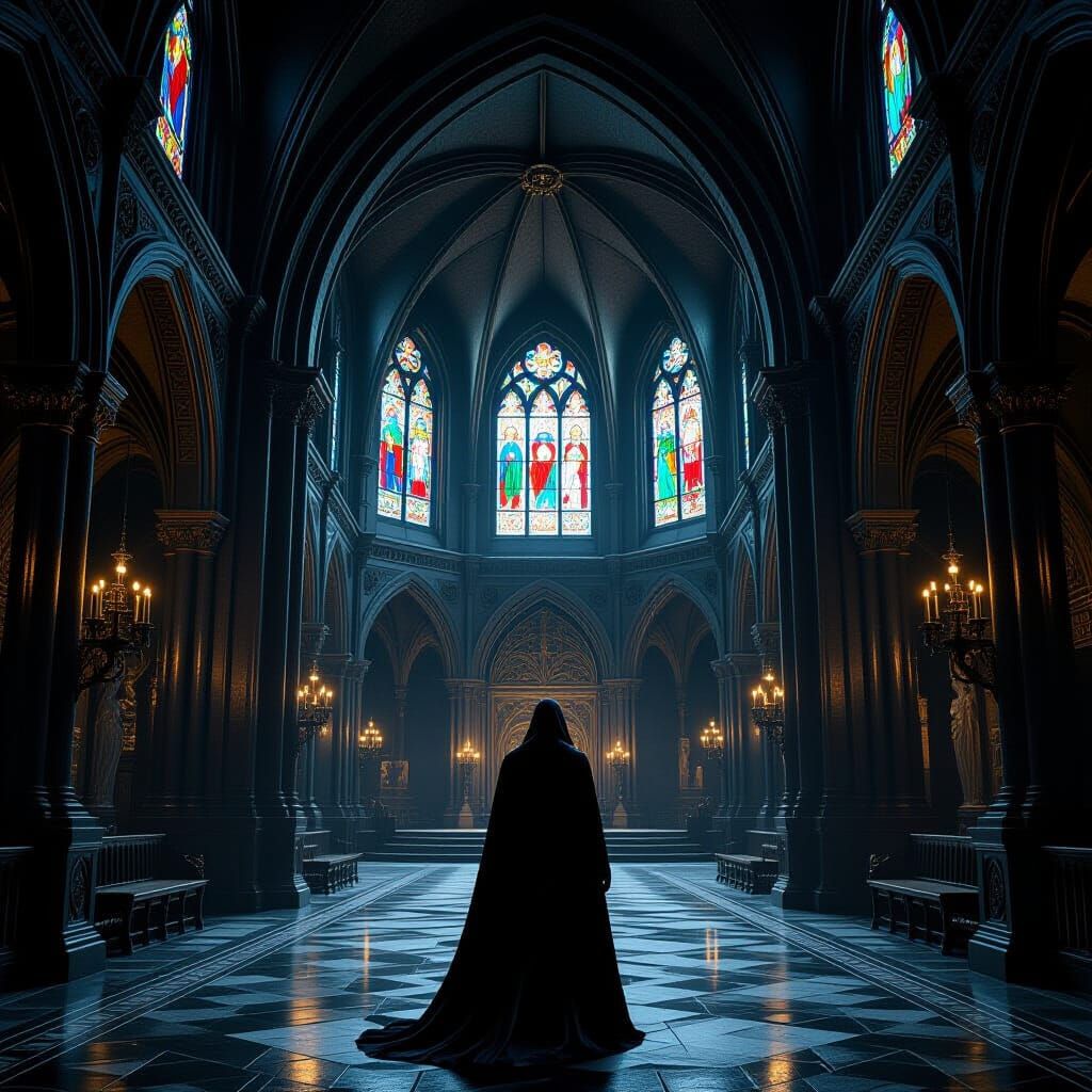 Gothic Monastery Entrance with Mysterious Figure