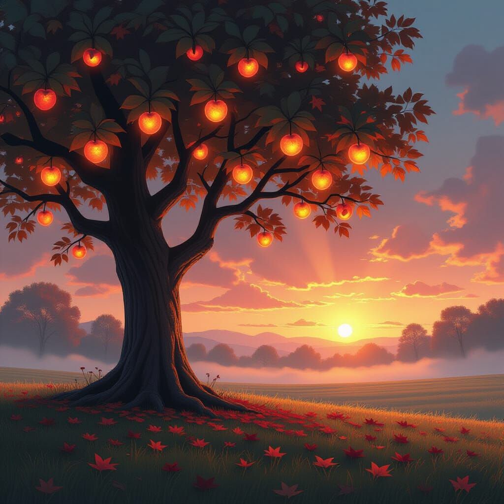 Ancient Tree with Glowing Fruit in Misty Sunset Field