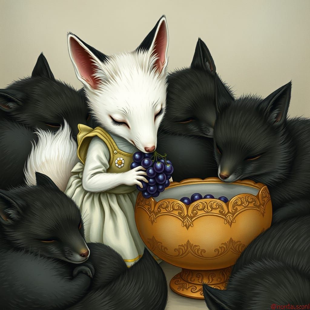 White Fox Stealing Grapes in Whimsical Style