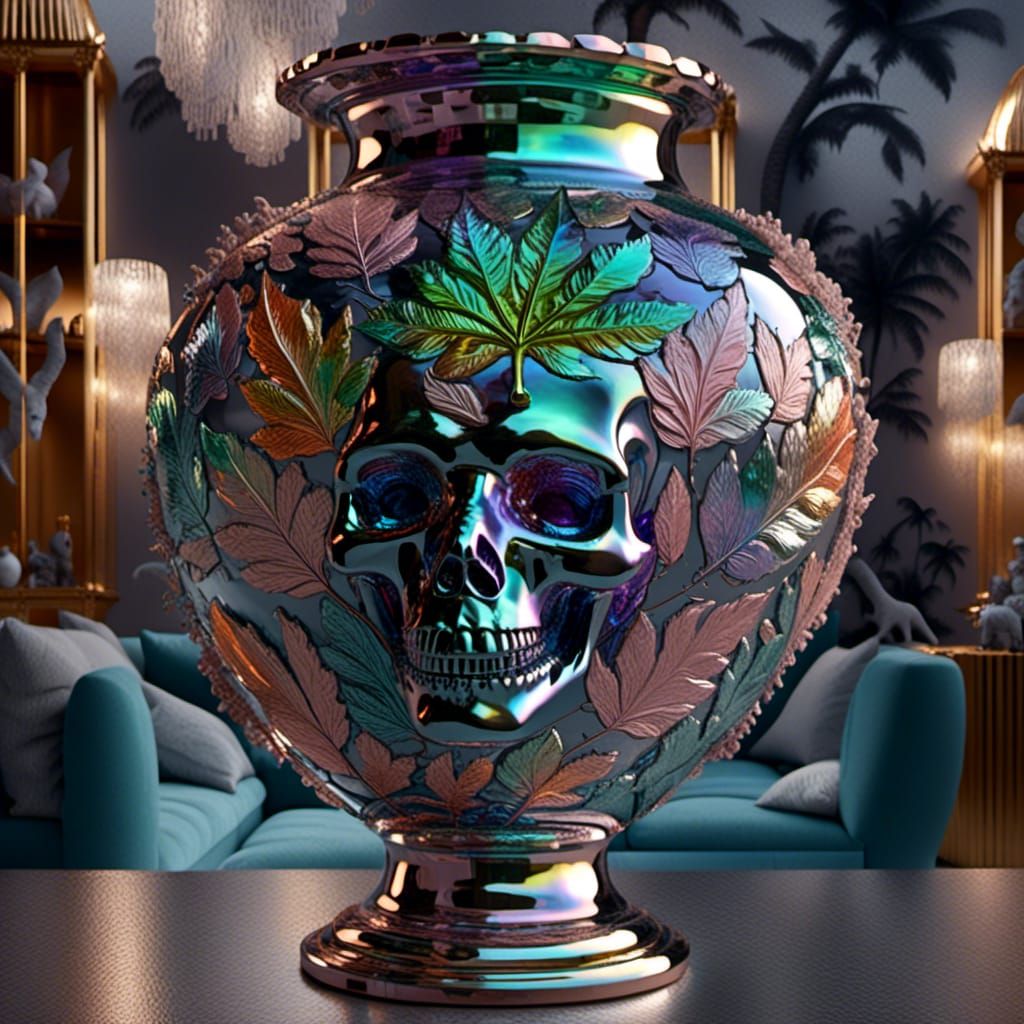 Antique Iridescent Carnival Glass Vase with Skulls