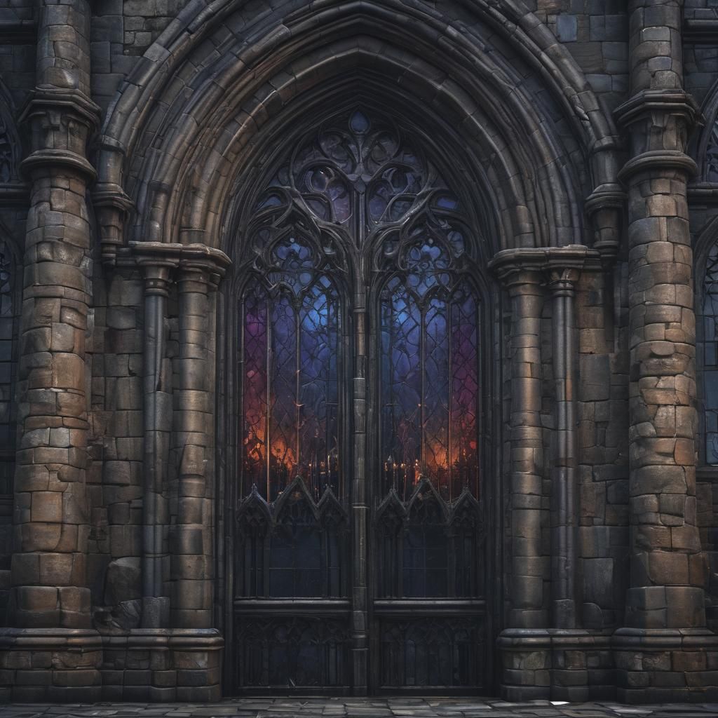 Gothic Castle Stained Glass Window in Dark Fantasy Style