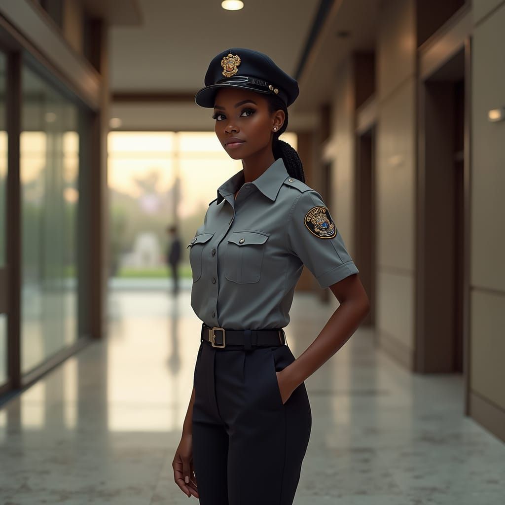 Hyper-Realistic Security Guard in Lobby at Dusk