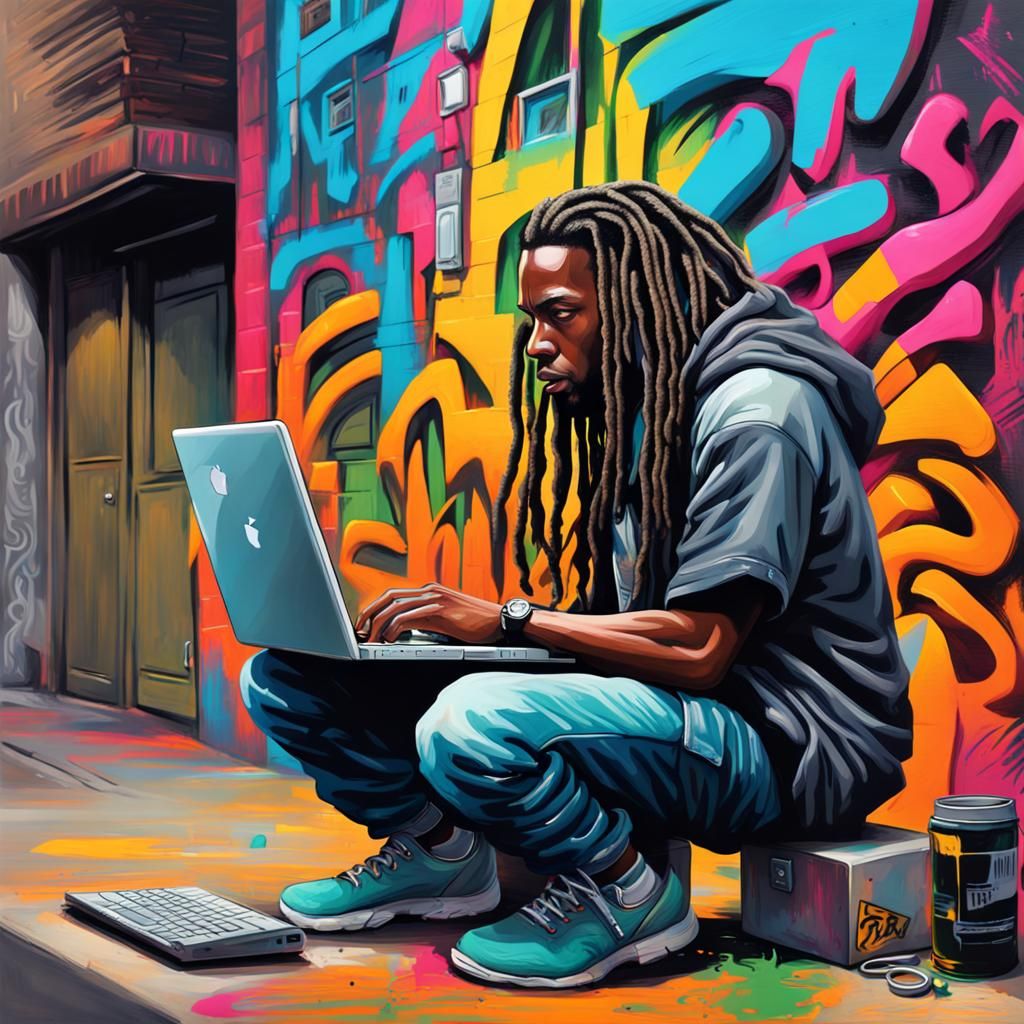 Hacker with Locs in Graffiti Street Art Style