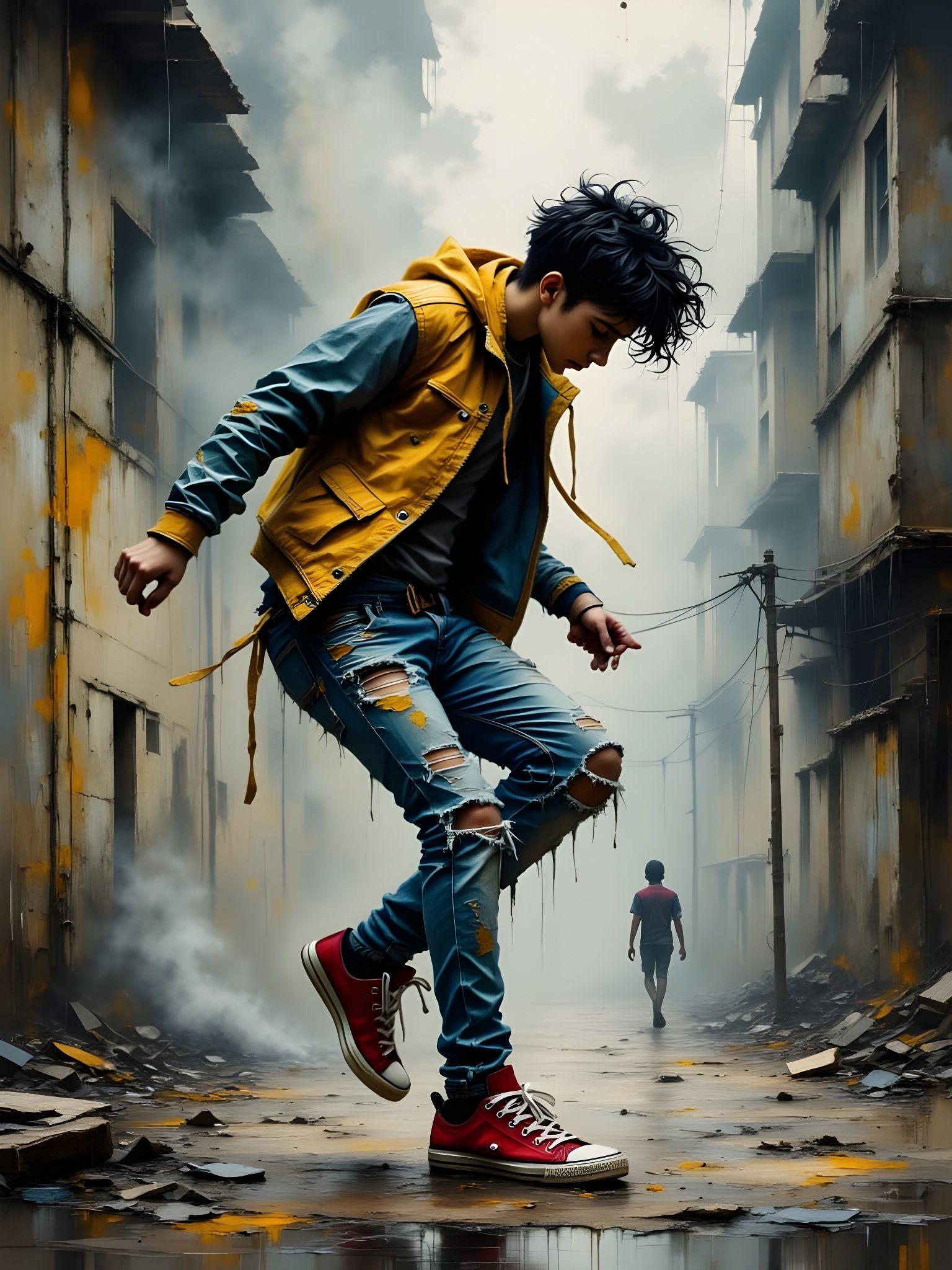 Youthful Breakdancer in Rainy, Post-Apocalyptic Cityscape