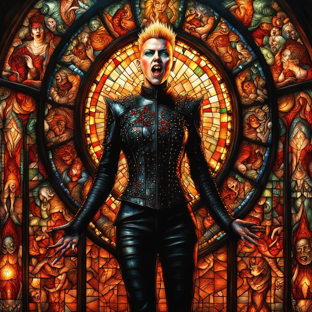 Hyperrealistic Female Pinhead in Burning Hellscape