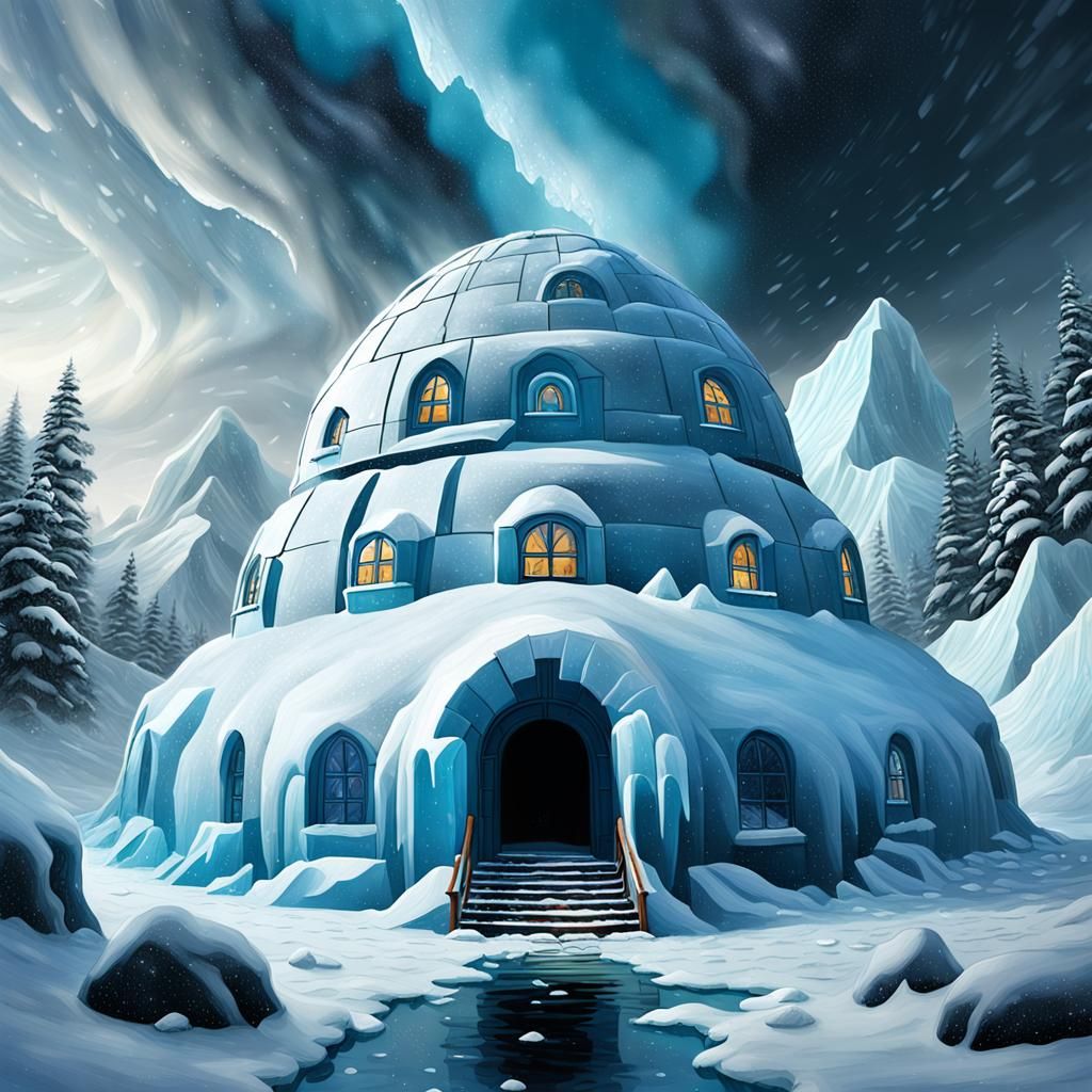 Igloo on Iceberg in Snowstorm, Detailed Illustration