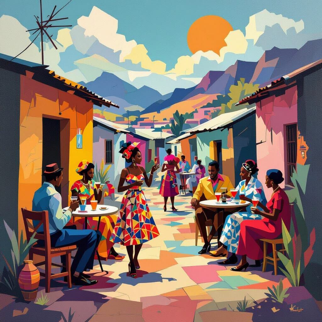 Vibrant 1950s South African Township Scene in Cubist Style