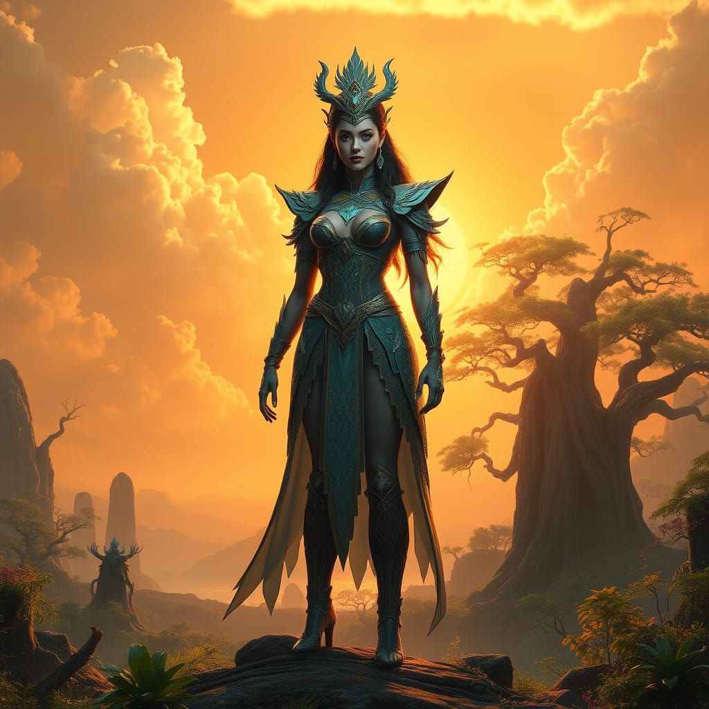 Heroic Goddess Emerges from Vibrant, Dreamlike Landscape