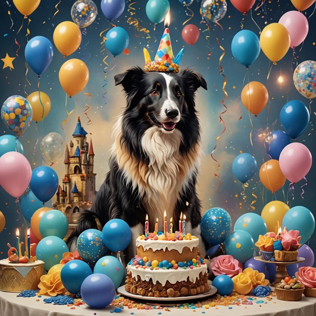 Collie on Birthday Cake in Renaissance Art Style