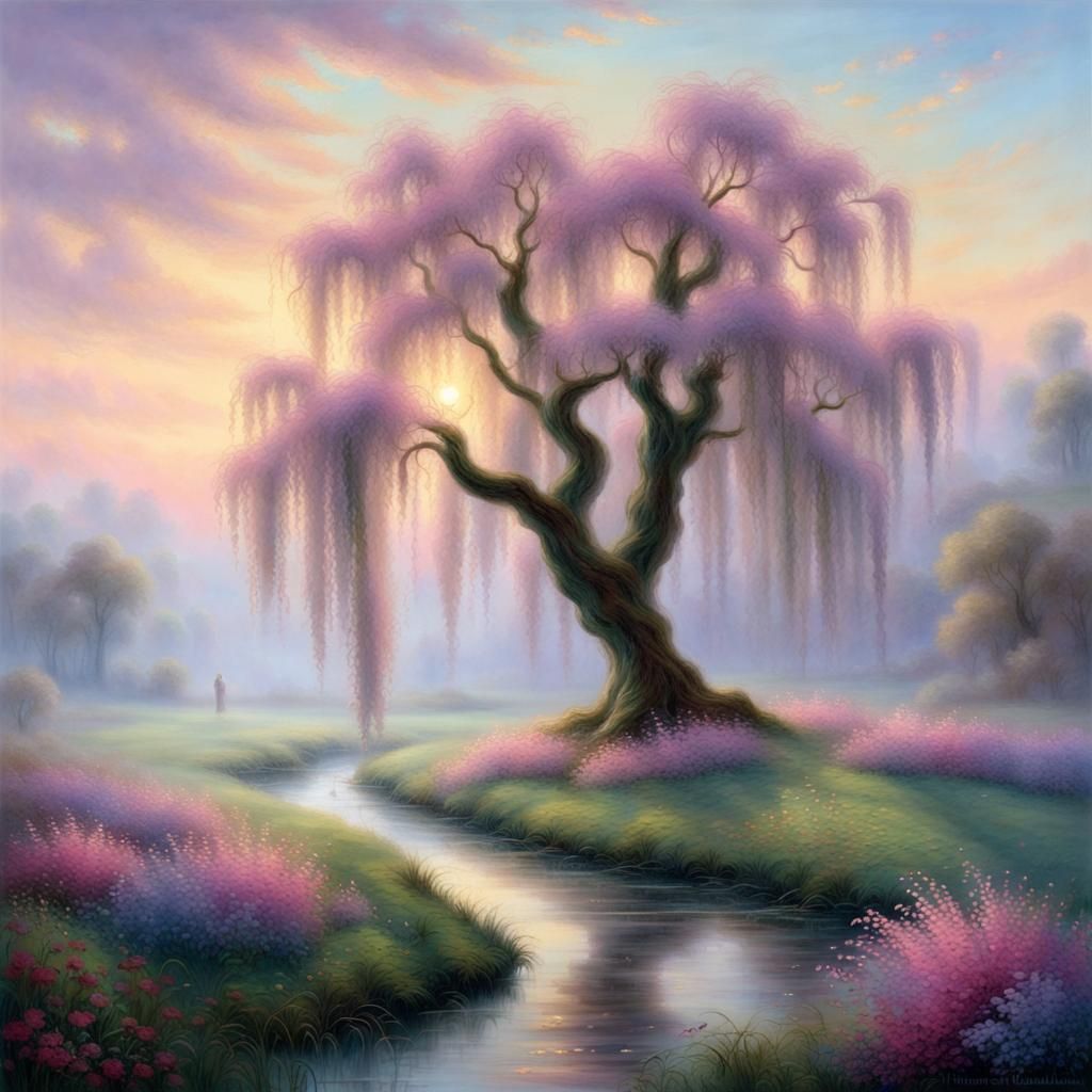 Ethereal Weeping Willow with Colorful Petals